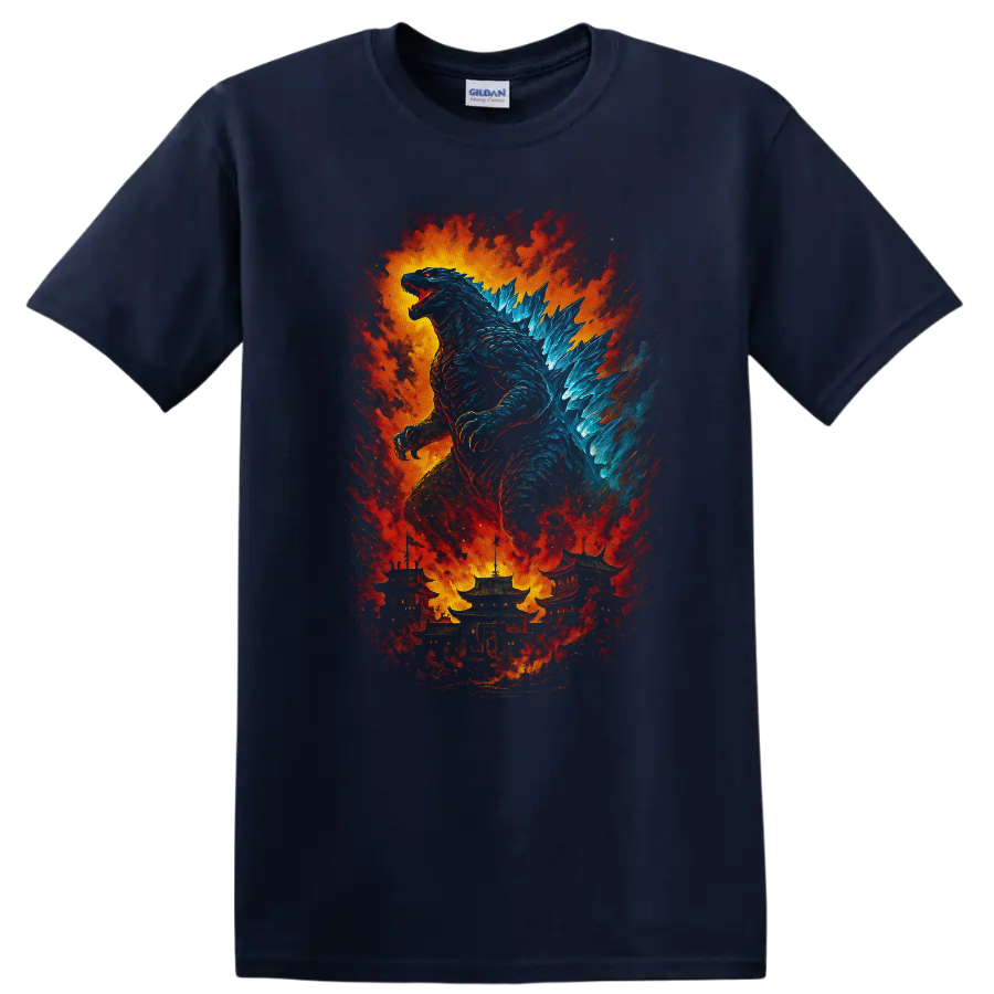 Godzilla vs. Destoroyah fiery kaiju artwork with Godzilla and explosion T Shirt on a Navy (Blue) T Shirt