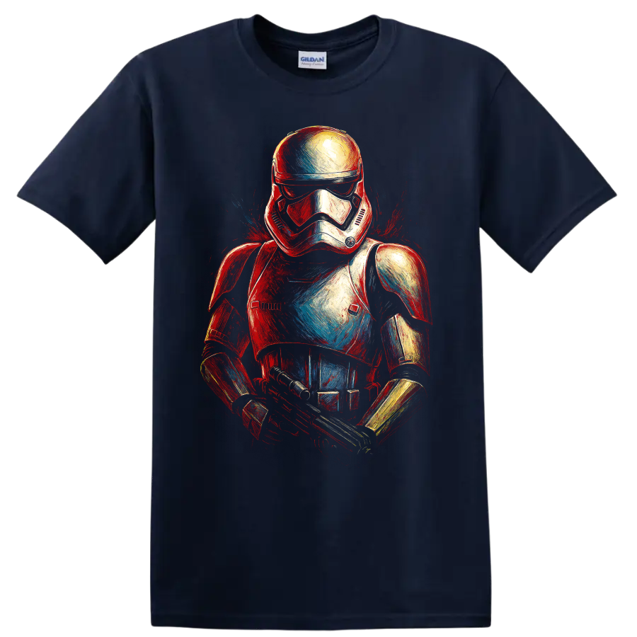 Painted Star Wars stormtrooper graphic in red, white, and blue on a black T shirt on a Navy (Blue) T Shirt
