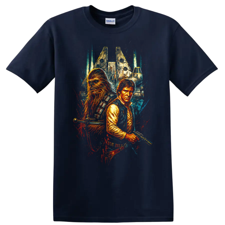 Illustrated space scoundrels duo with starship, cinematic graphic T-shirt design on a Navy (Blue) T Shirt