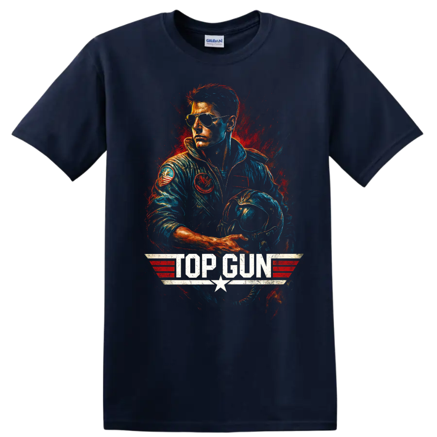 Top Gun fighter pilot in aviator sunglasses with helmet graphic T shirt on a Navy (Blue) T Shirt