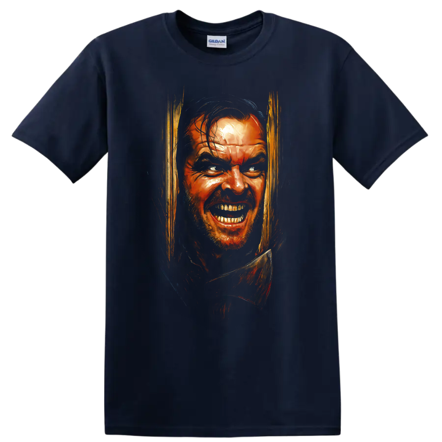 The Shining horror portrait with intense painted face artwork on a T shirt on a Navy (Blue) T Shirt