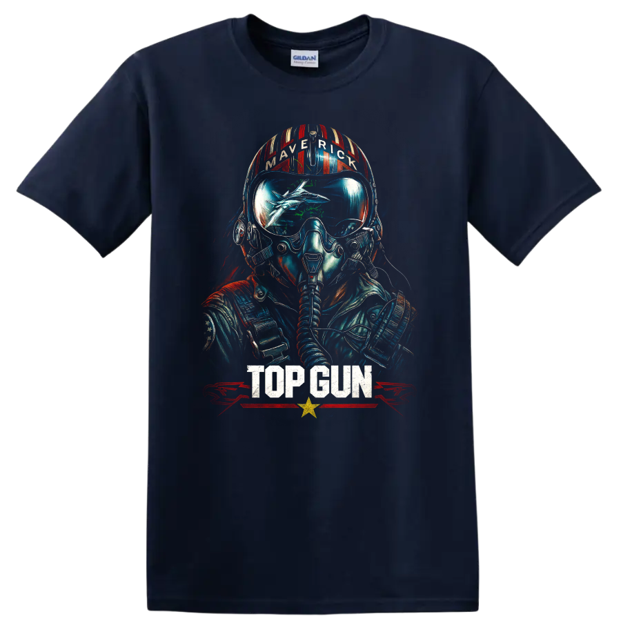 Top Gun Maverick fighter pilot helmet graphic T shirt with TOP GUN text on a Navy (Blue) T Shirt