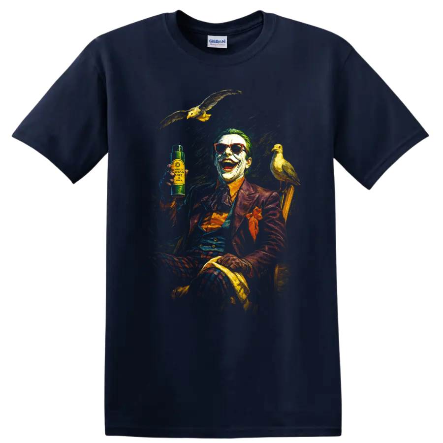 Joker inspired laughing clown artwork with birds on a black T-shirt on a Navy (Blue) T Shirt