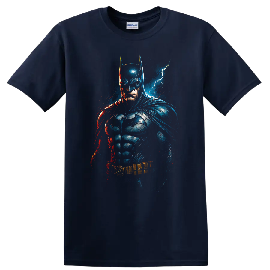 Batman comic art portrait with lightning and dramatic blue red shadows on T shirt on a Navy (Blue) T Shirt