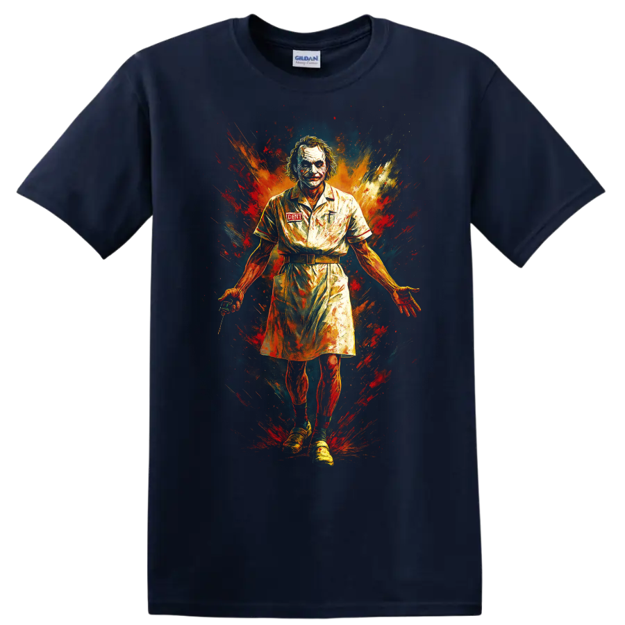 Joker-inspired graffiti portrait T Shirt with explosive red orange paint splashes on a Navy (Blue) T Shirt