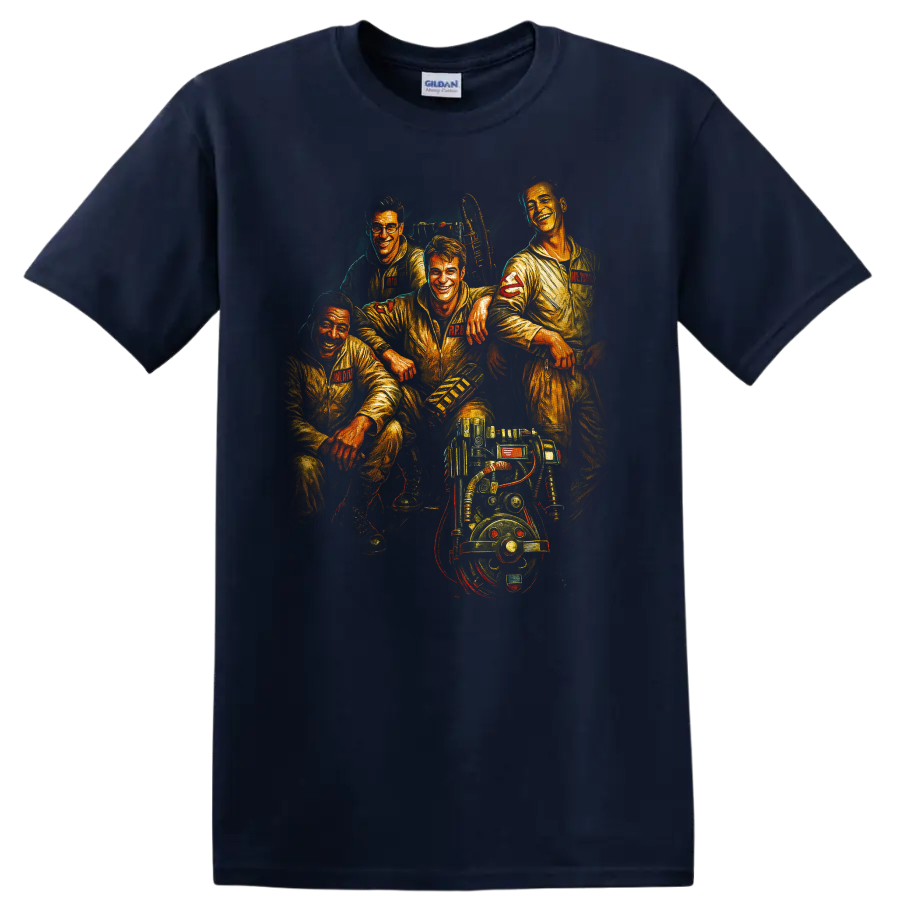 Ghostbusters team portrait with ghostbusting gear on a T shirt on a Navy (Blue) T Shirt