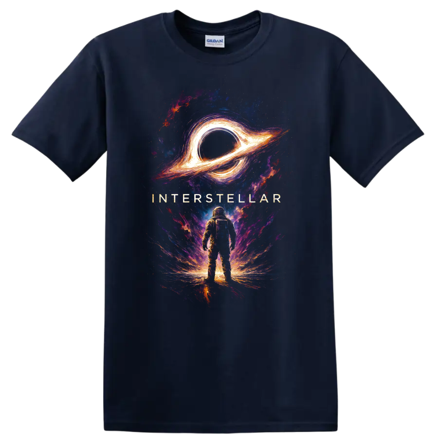 Interstellar astronaut standing beneath glowing black hole cosmic artwork T Shirt on a Navy (Blue) T Shirt