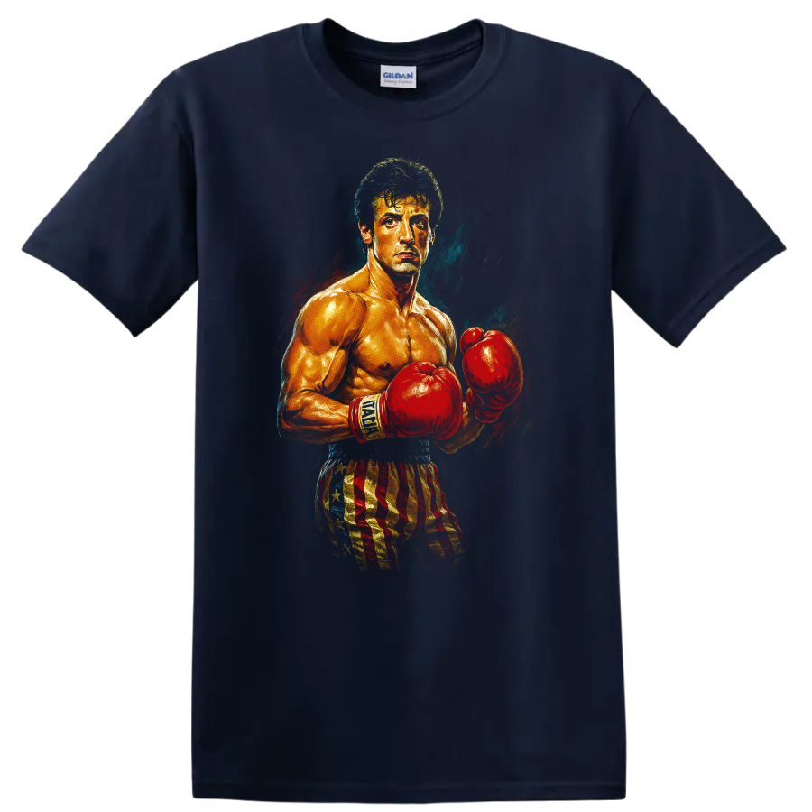 Rocky-inspired boxer portrait with red gloves and American flag shorts on a T shirt on a Navy (Blue) T Shirt