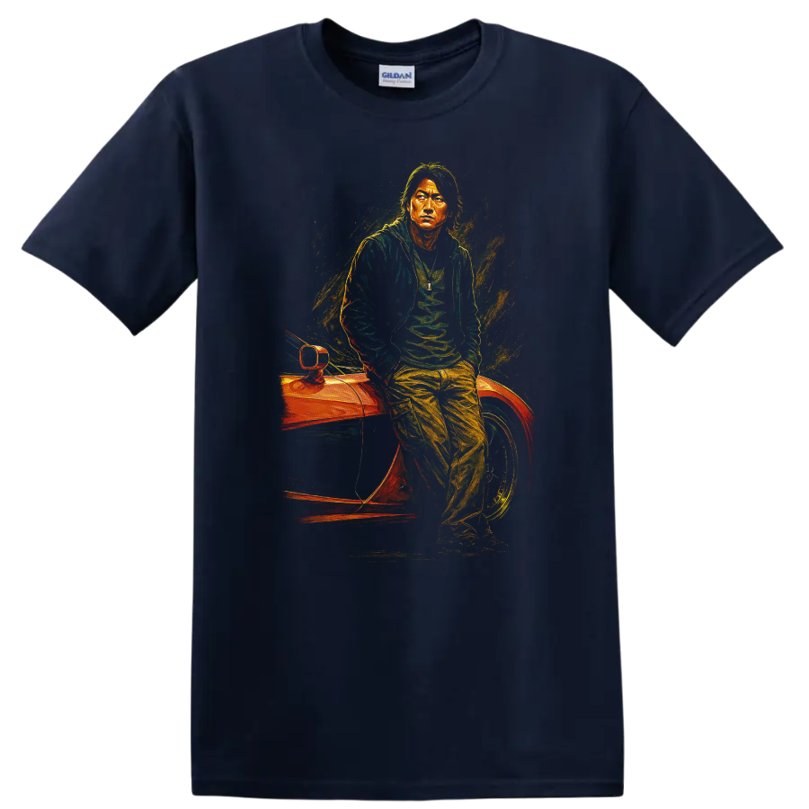 Neon street racing portrait inspired by The Fast and the Furious Tokyo Drift T Shirt on a Navy (Blue) T Shirt