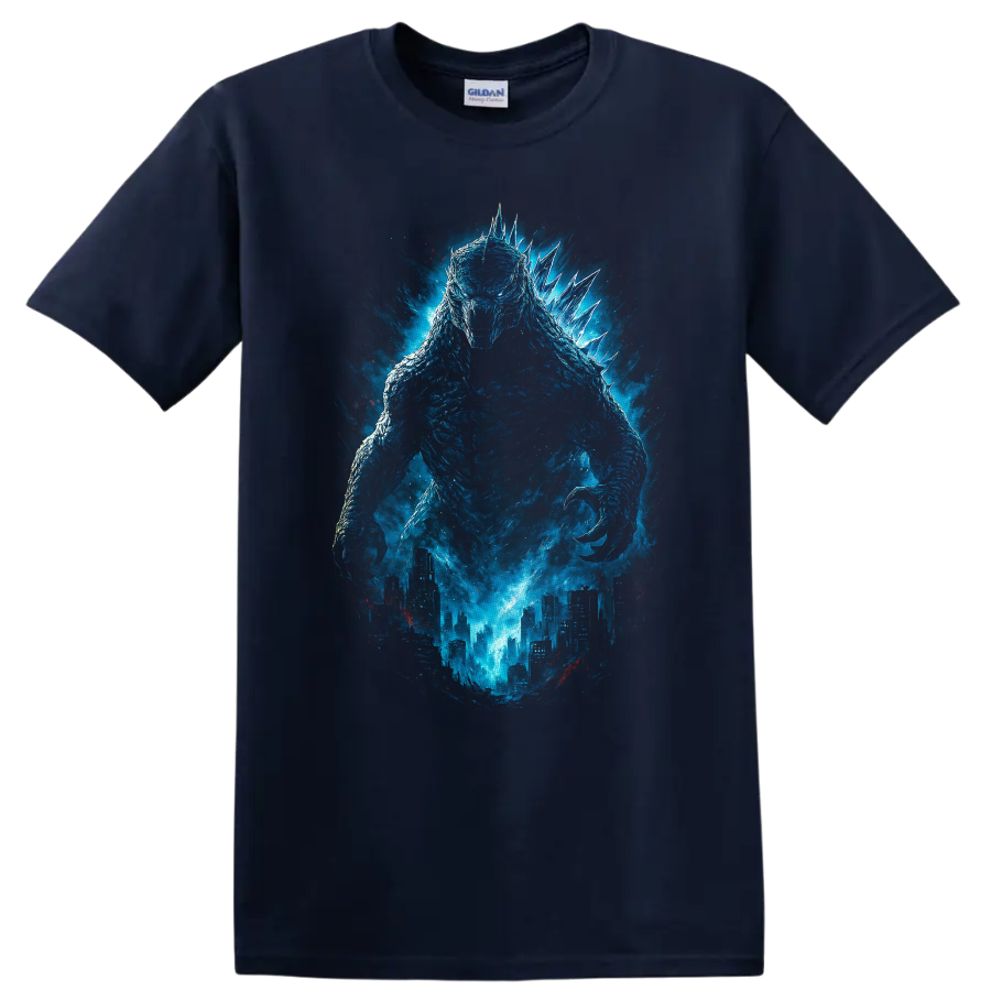 Blue Godzilla Minus One monster rising over a city with glowing energy, cinematic T-shirt design on a Navy (Blue) T Shirt