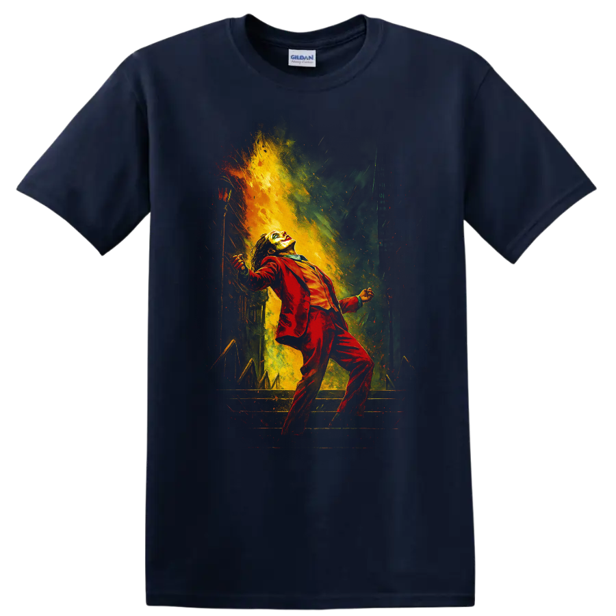 Joker in red suit with dramatic comic-style color burst graphic T shirt on a Navy (Blue) T Shirt