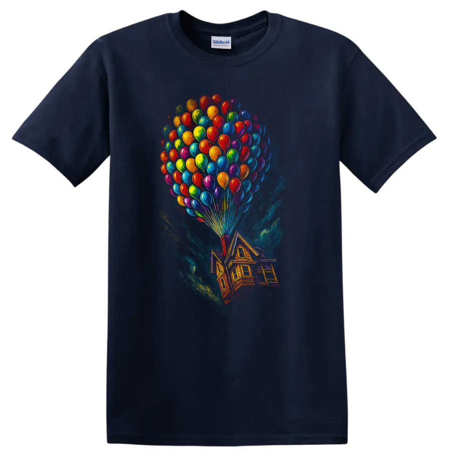 Colorful floating house and balloon movie-inspired T-shirt design on a Navy (Blue) T Shirt