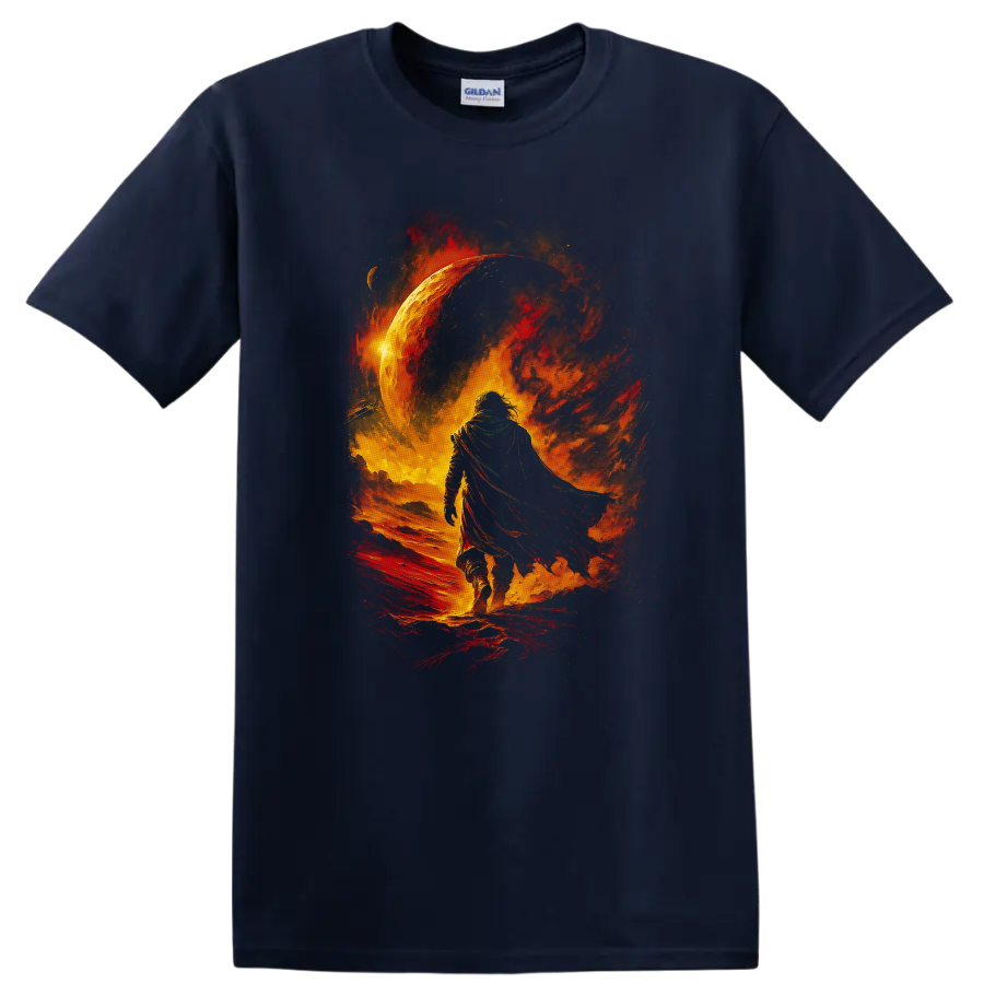 Cloaked figure walking through fiery cosmic scene with glowing planet graphic on a Navy (Blue) T Shirt