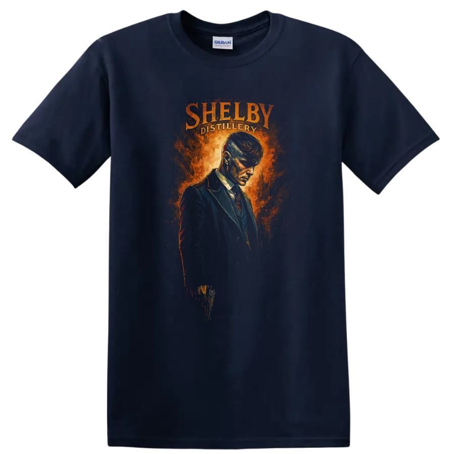 Fiery Shelby Distillery portrait artwork with man in dark suit T shirt on a Navy (Blue) T Shirt