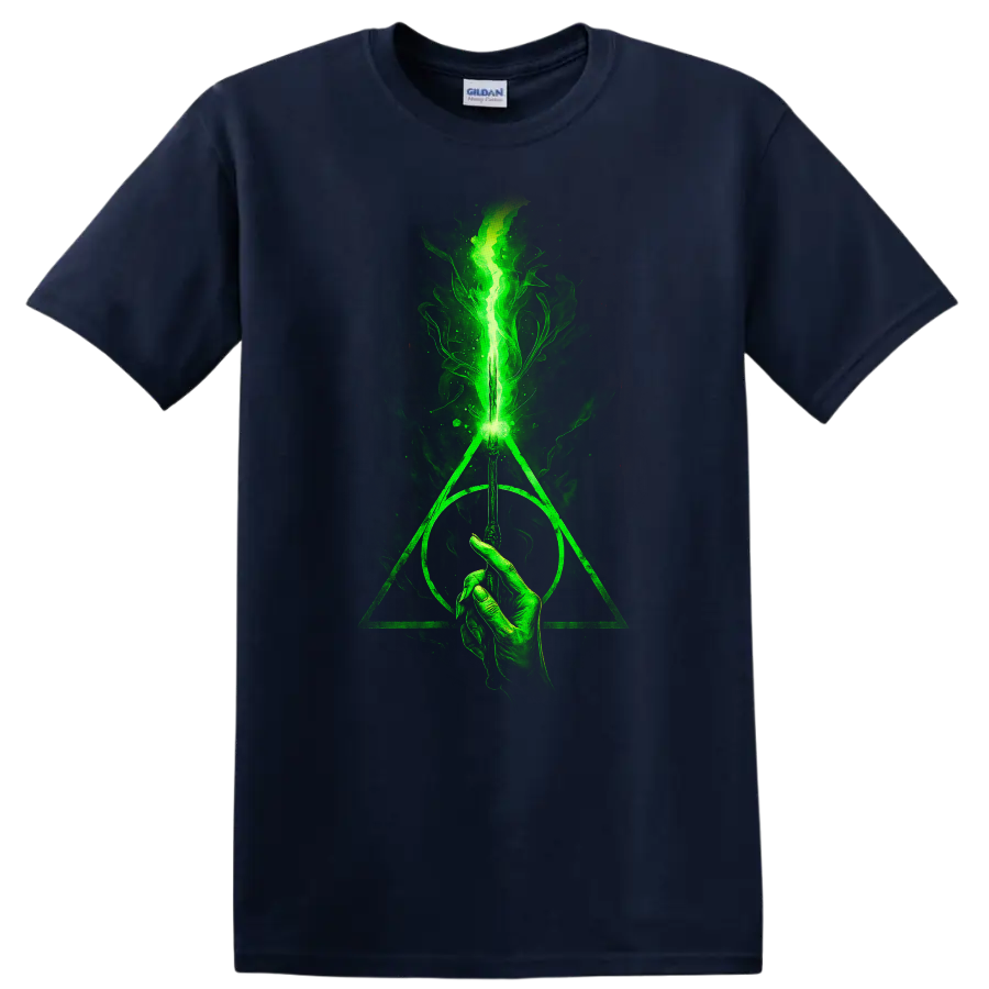 Green glowing wand with Deathly Hallows symbol and smoky flame design on black T shirt on a Navy (Blue) T Shirt