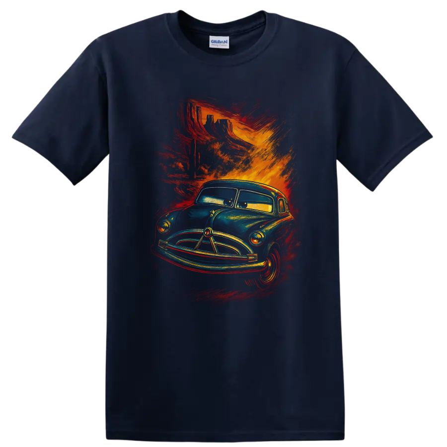 Vintage blue truck character art with fiery red orange brush strokes on a T - Navy (Blue)