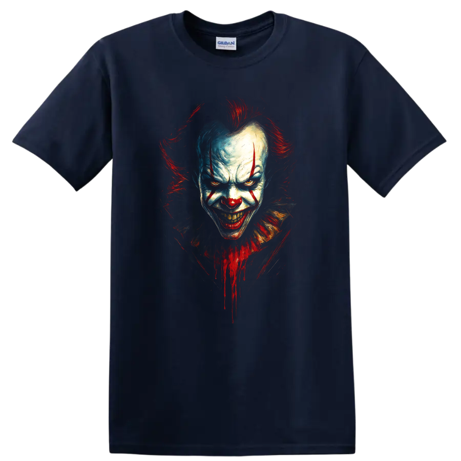 Pennywise horror clown face with red and blue paint on a black T shirt on a Navy (Blue) T Shirt