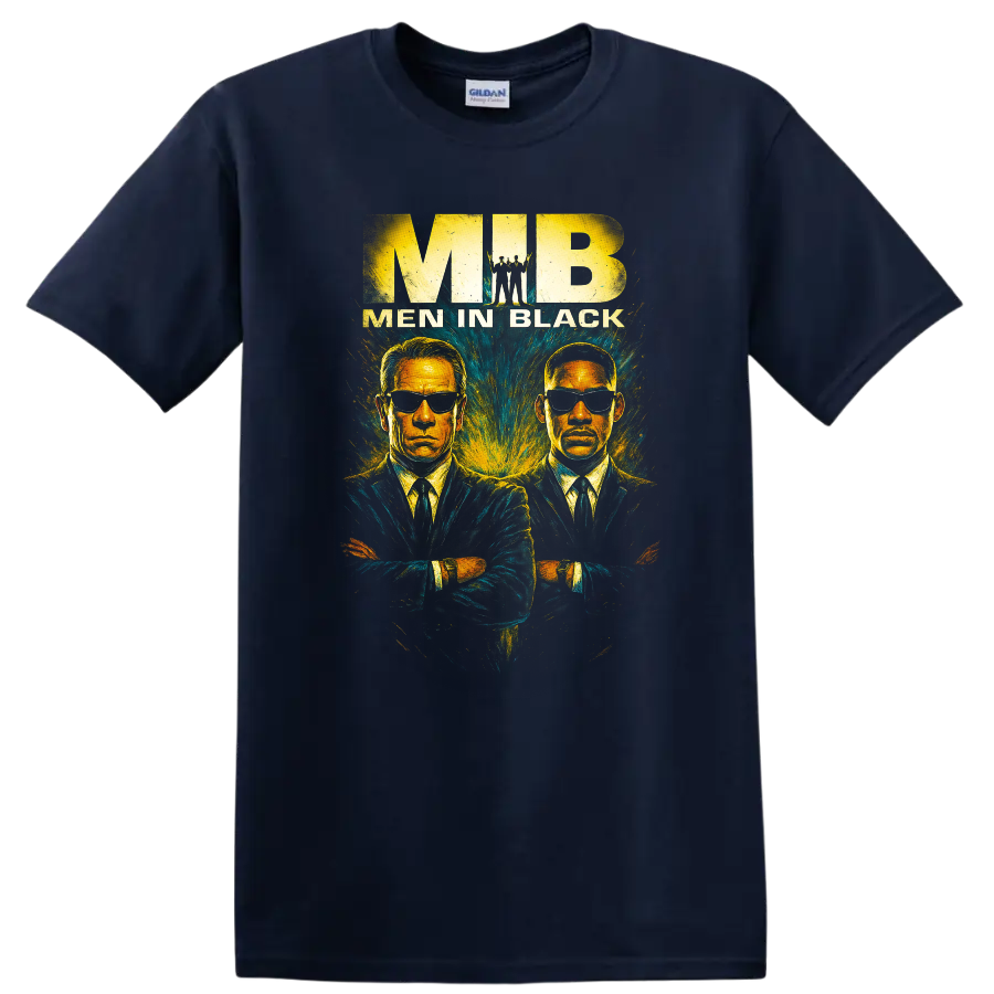 Men in Black graphic T Shirt with two suited agents in sunglasses and vintage poster style on a Navy (Blue) T Shirt