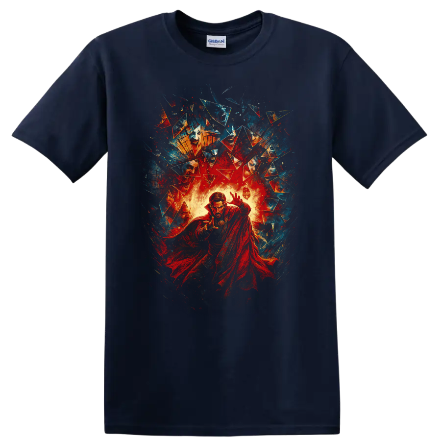 Doctor Strange comic art with magical energy and shattered fragments on a T Shirt on a Navy (Blue) T Shirt