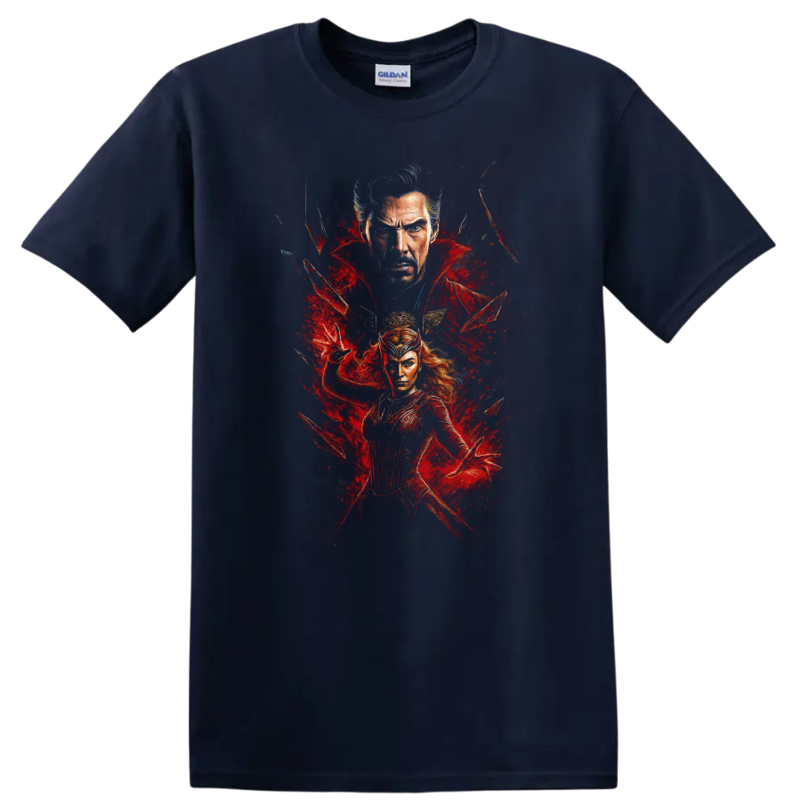 Doctor Strange and Scarlet Witch red comic art T-shirt on a Navy (Blue) T Shirt