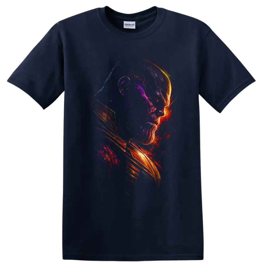 Thanos side-profile cosmic rage neon graphic T shirt on a Navy (Blue) T Shirt