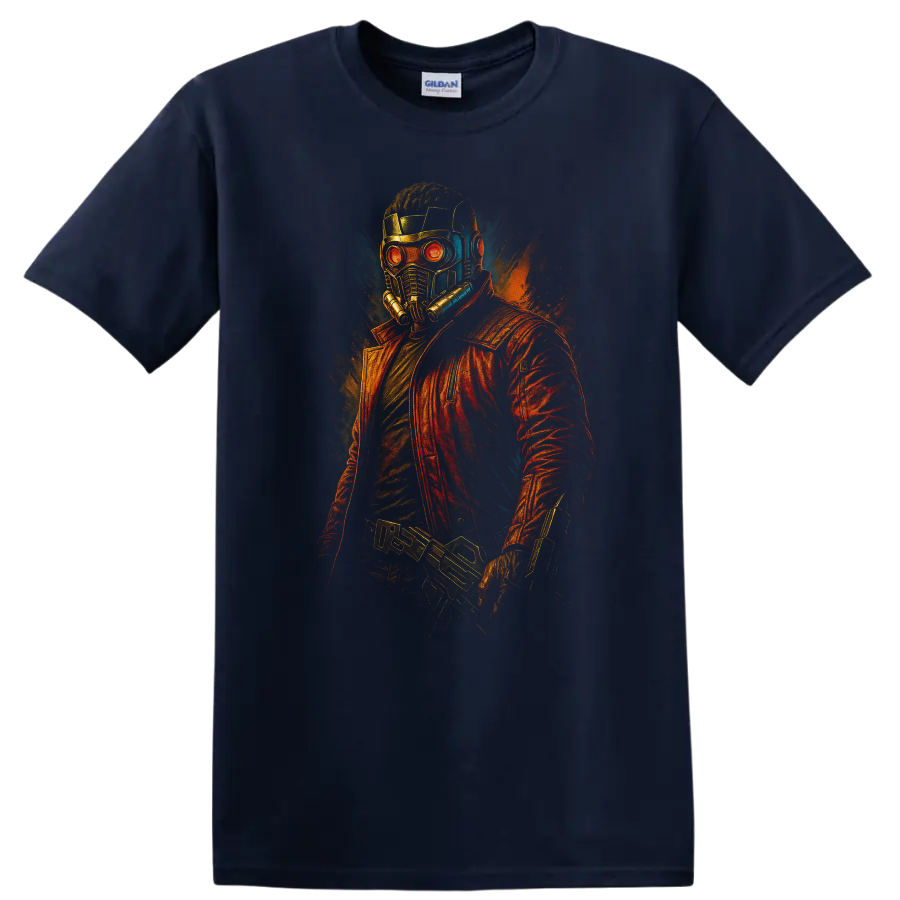 Guardians of the Galaxy inspired Star-Lord helmet and red jacket neon comic T shirt on a Navy (Blue) T Shirt