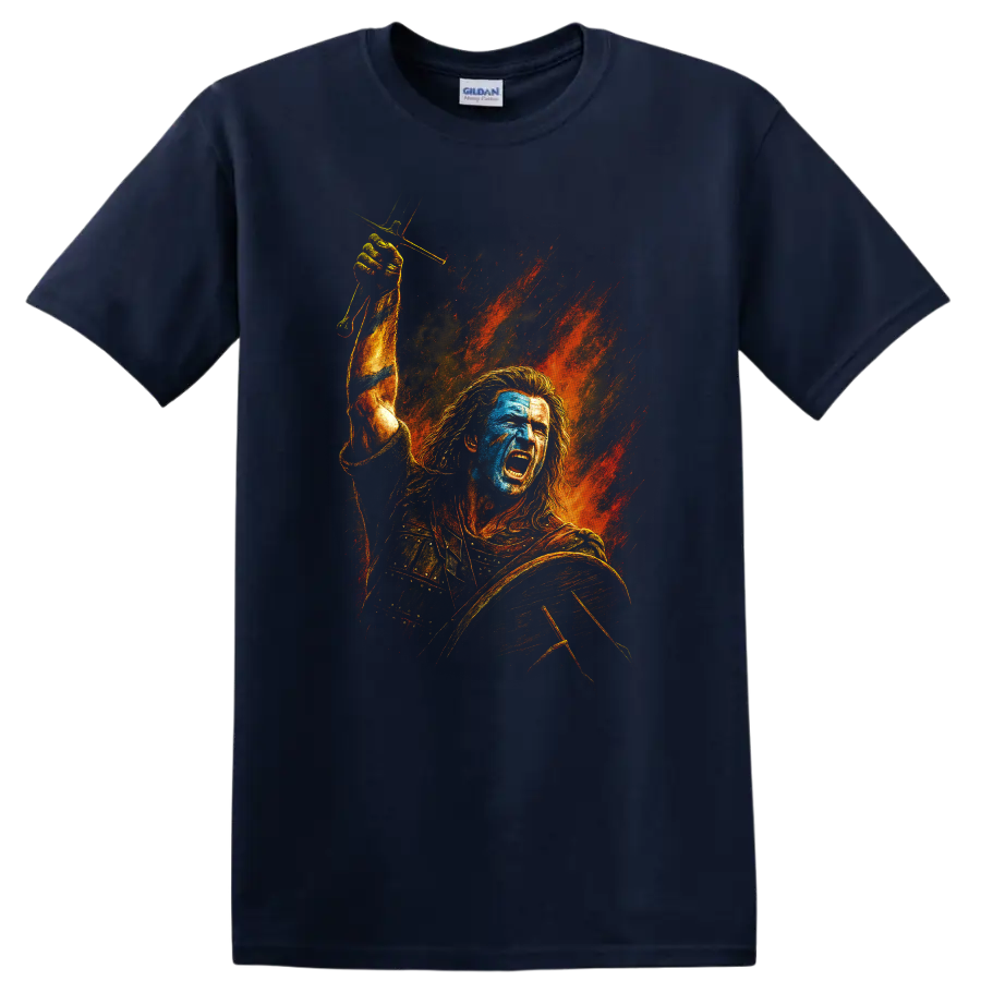 Braveheart-inspired warrior battle cry artwork with fiery background on T shirt on a Navy (Blue) T Shirt