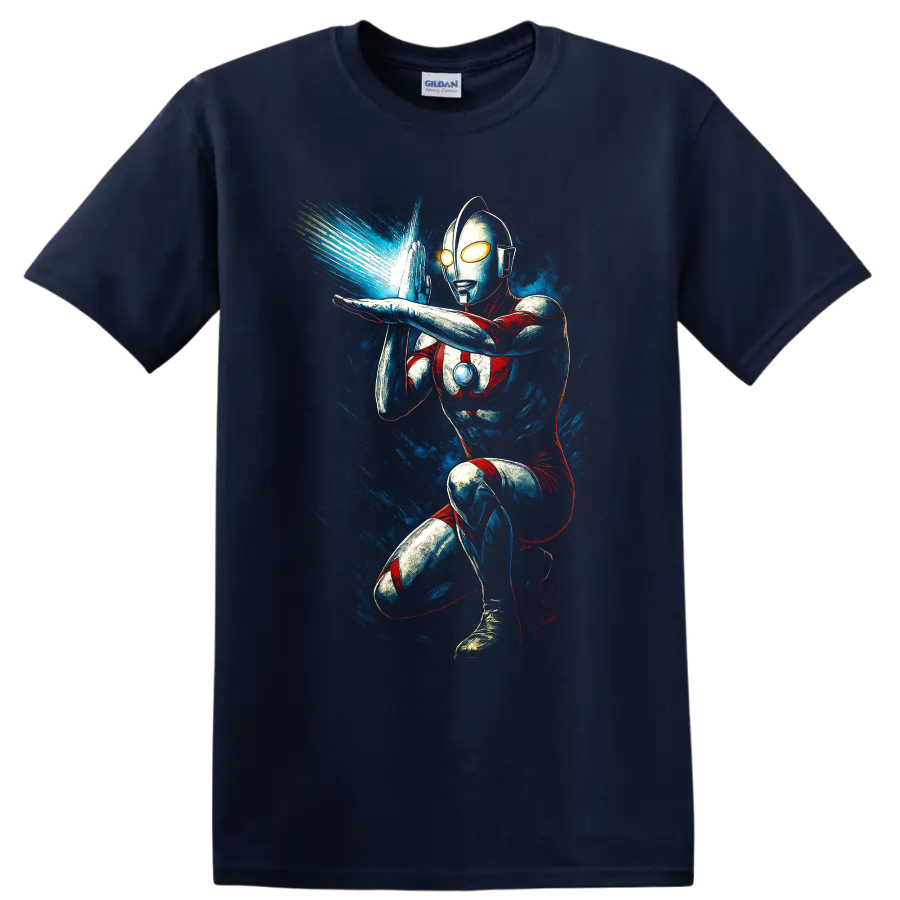 Ultraman action pose with blue energy blast retro comic style T shirt on a Navy (Blue) T Shirt