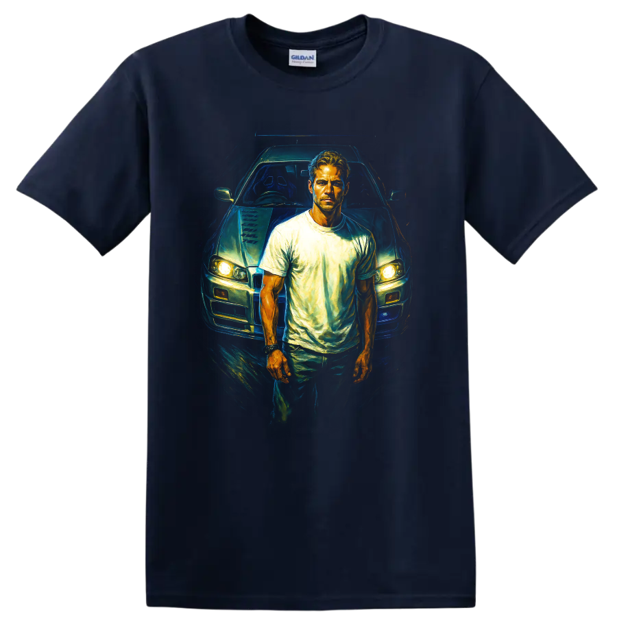 Fast and Furious inspired driver standing in front of a car graphic T shirt on a Navy (Blue) T Shirt