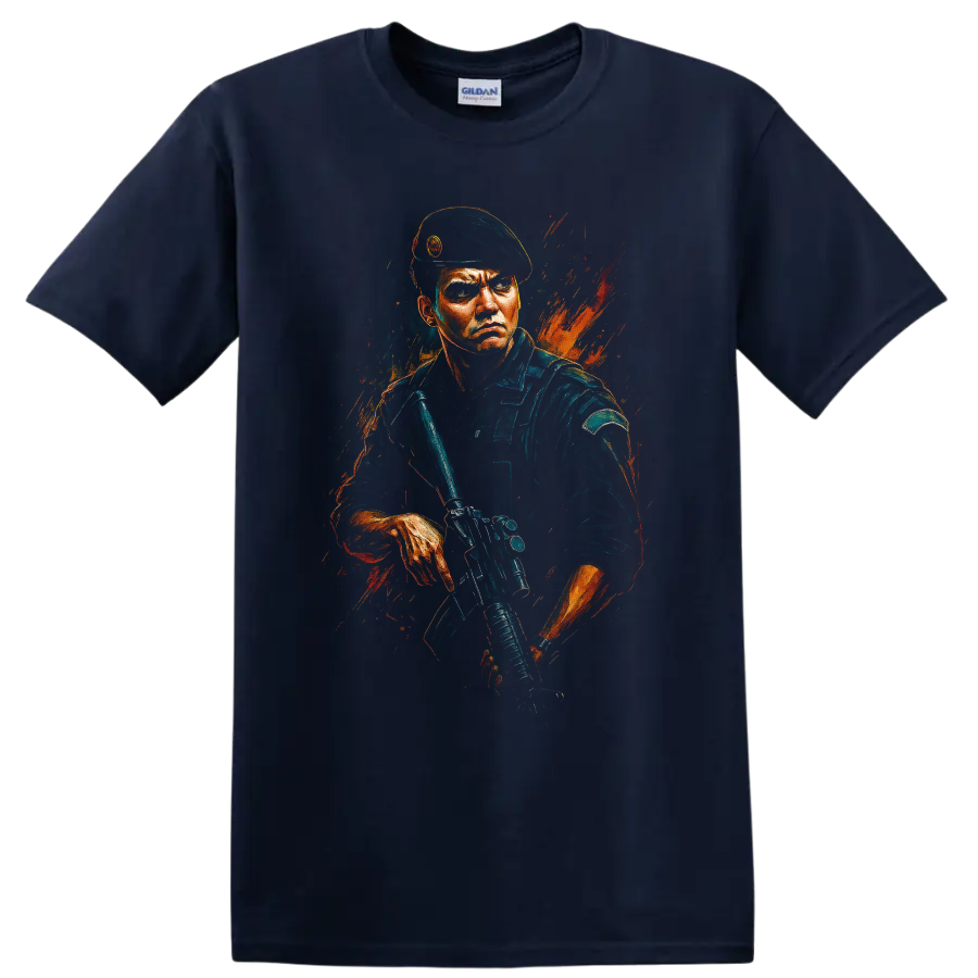 Tactical soldier in beret holding rifle with orange paint splash graphic T shirt on a Navy (Blue) T Shirt