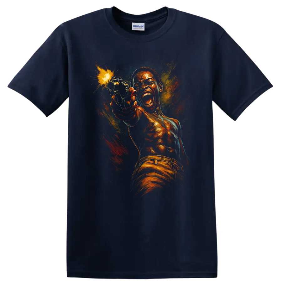 Dramatic painted action portrait graphic T shirt with explosive orange and blue colors on a Navy (Blue) T Shirt