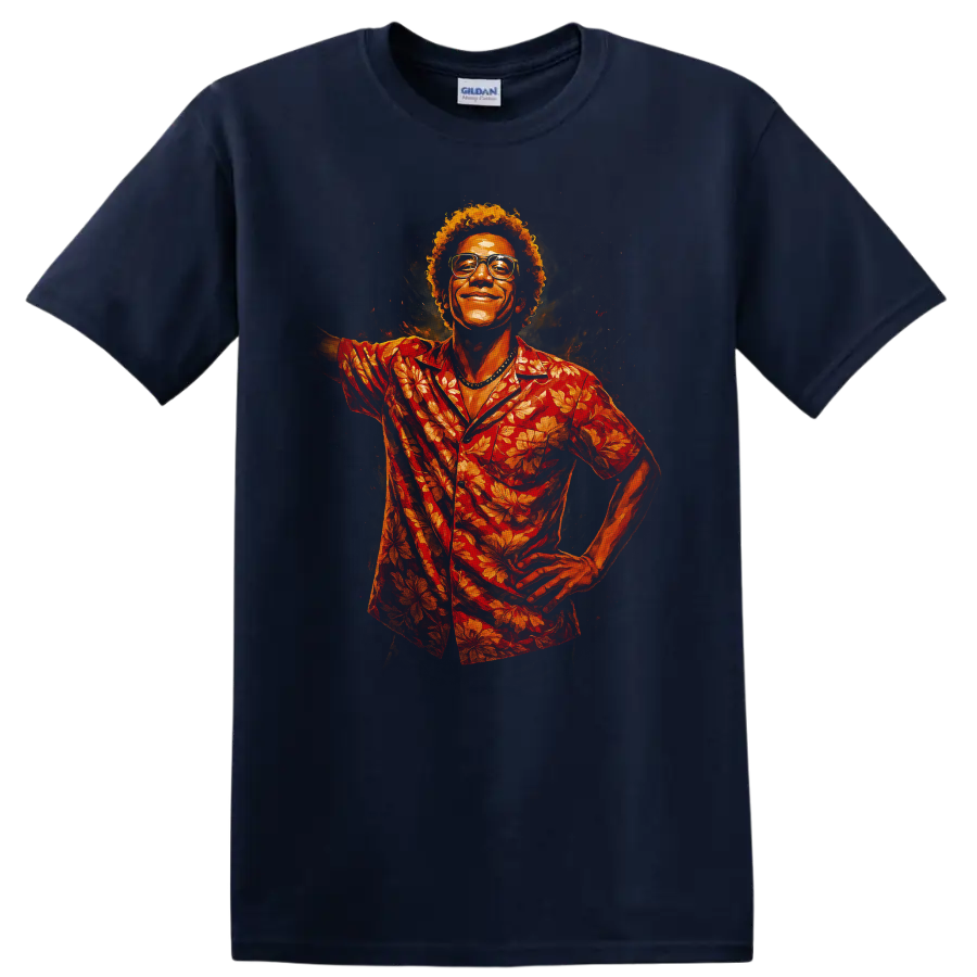 Cinematic portrait of smiling man in red floral shirt for Cidade de Deus City of God T Shirt on a Navy (Blue) T Shirt