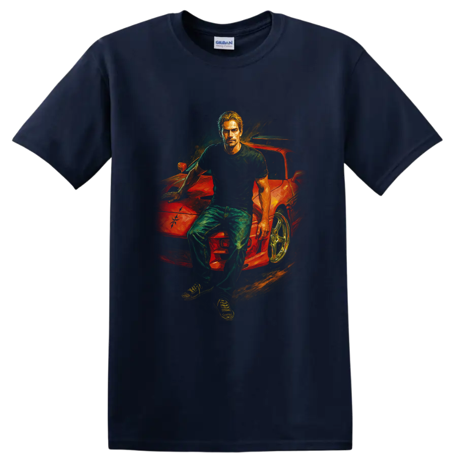 Movie-inspired artwork of a man leaning on a red sports car on a black T shirt on a Navy (Blue) T Shirt