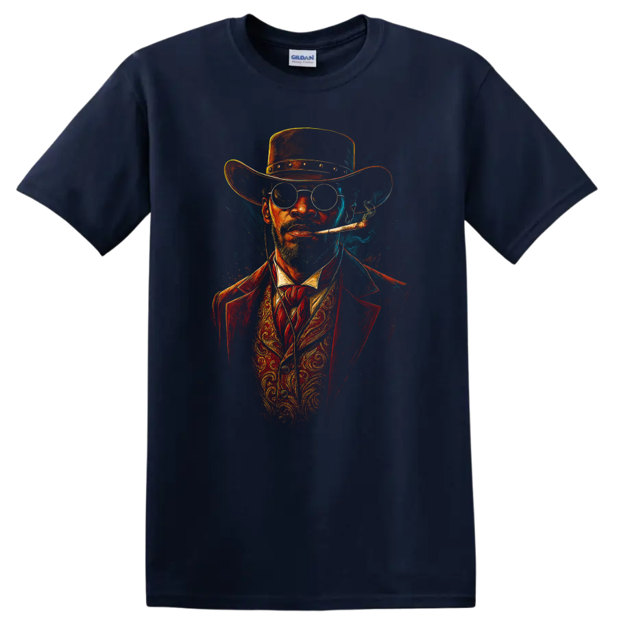 Django Unchained inspired cowboy portrait with hat, glasses, cigar, and smoky Western style on a Navy (Blue) T Shirt