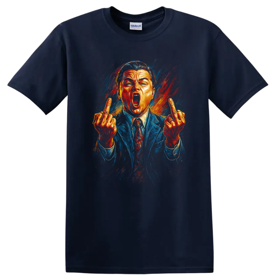 Pop art portrait of a suited man with raised middle fingers, The Wolf of Wall Street T-shirt on a Navy (Blue) T Shirt