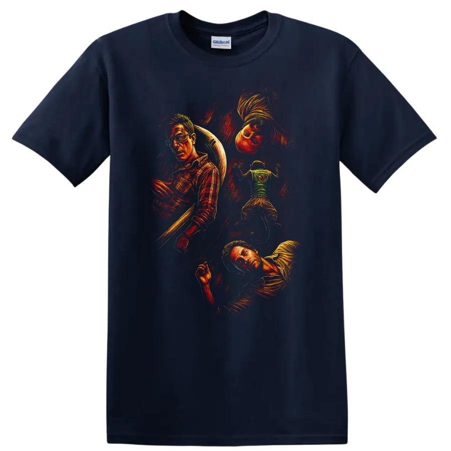 The Hangover movie collage artwork with multiple characters in vintage style T Shirt on a Navy (Blue) T Shirt