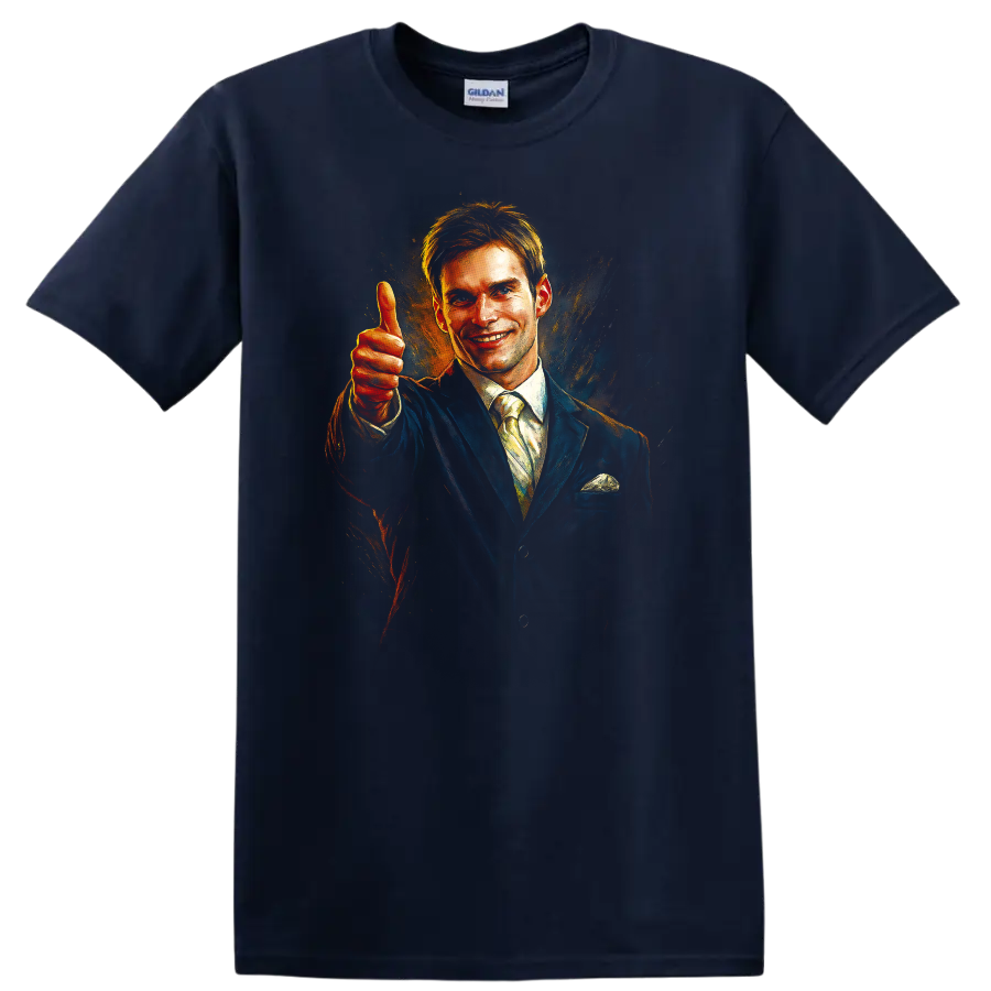 Smiling man in suit giving thumbs up, painterly movie-style graphic T-shirt on a Navy (Blue) T Shirt