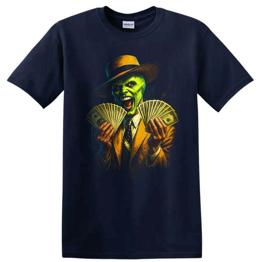 Green face character in hat and suit holding money fans graphic T shirt on a Navy (Blue) T Shirt