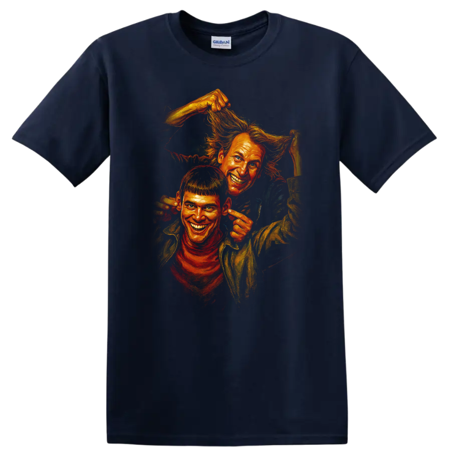 Dumb and Dumber inspired comic-style artwork of two grinning characters on a Navy (Blue) T Shirt