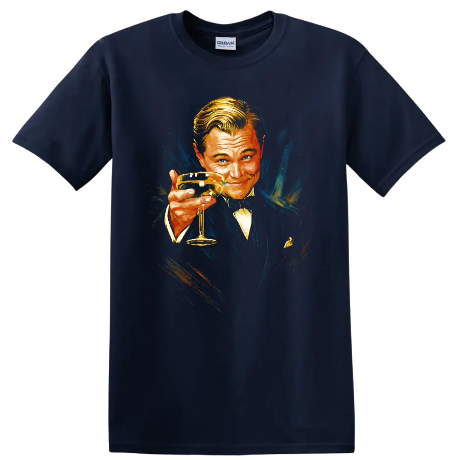 Vintage Great Gatsby portrait holding a champagne glass on a Navy (Blue) T Shirt