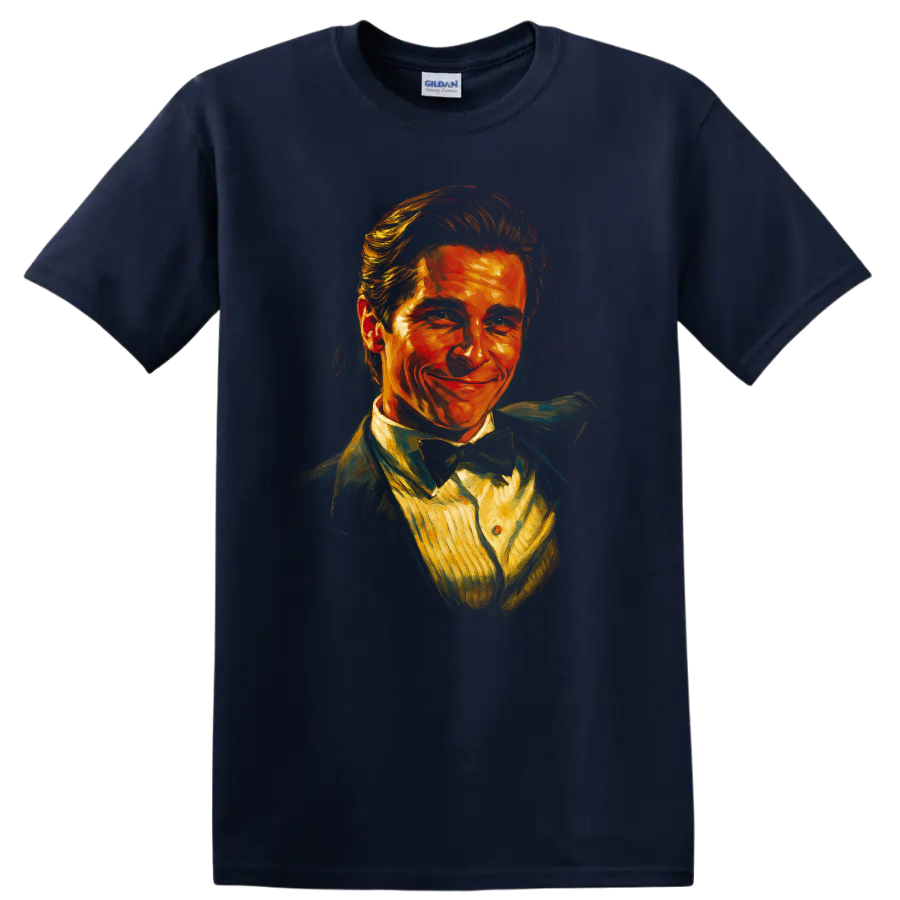 Painterly portrait inspired by American Psycho on a T shirt on a Navy (Blue) T Shirt