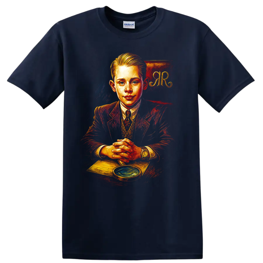 Richie Rich portrait in vintage painted style with RR background on T shirt on a Navy (Blue) T Shirt