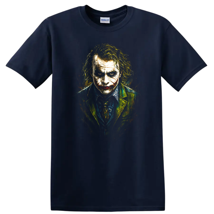 Painted Joker portrait graphic T Shirt with dark dramatic movie style on a Navy (Blue) T Shirt