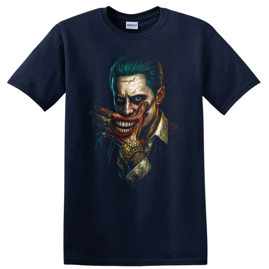 Suicide Squad Joker-style grin portrait with neon green hair graphic T shirt on a Navy (Blue) T Shirt
