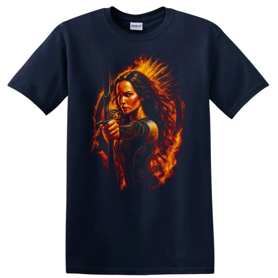 Fiery archer portrait with bow and flames The Hunger Games T Shirt on a Navy (Blue) T Shirt