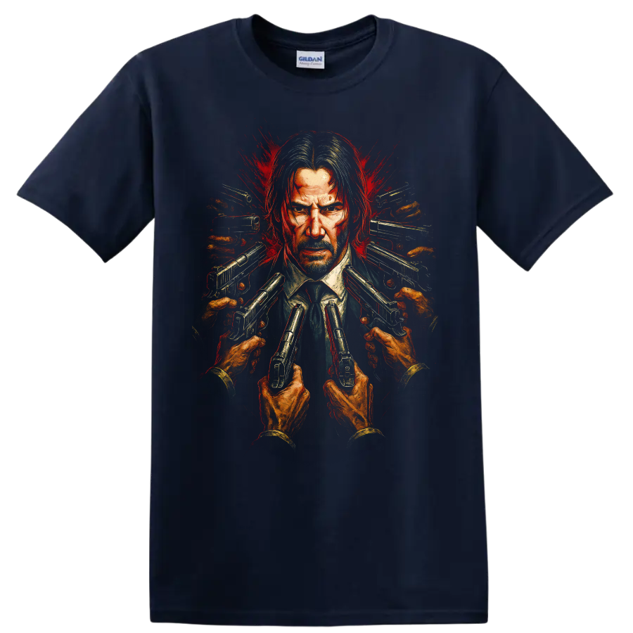 John Wick-inspired portrait with guns pointed inward and red splatter action art T Shirt on a Navy (Blue) T Shirt