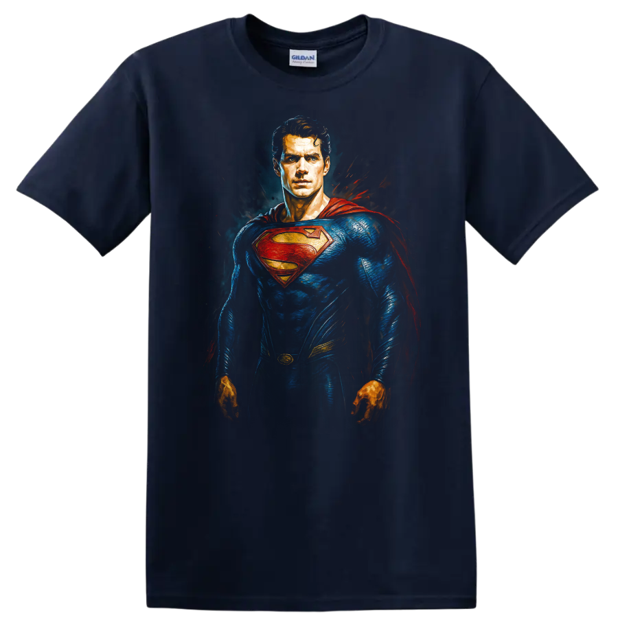 Superman in blue suit and red cape comic-style hero portrait T shirt on a Navy (Blue) T Shirt