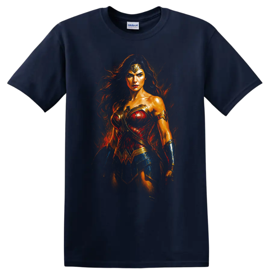 Wonder Woman fiery heroic portrait T Shirt design on a Navy (Blue) T Shirt