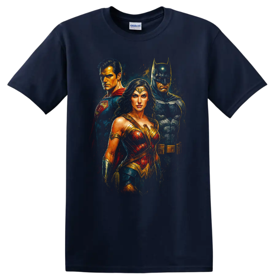 Cinematic Trinity-inspired hero trio portrait design on T shirt on a Navy (Blue) T Shirt