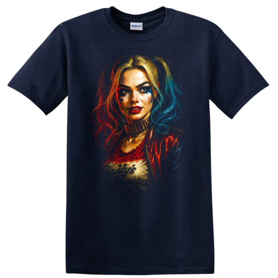 Harley Quinn portrait with Daddy's Lil Monster text Suicide Squad T Shirt on a Navy (Blue) T Shirt